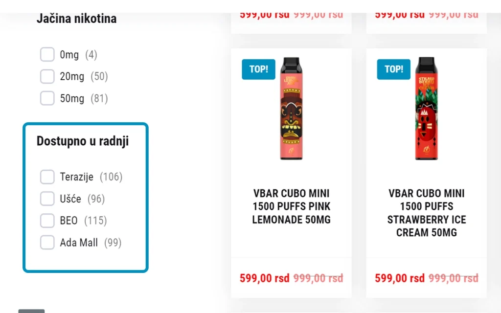Provera dostupnosti u radnjama Vape Mania
